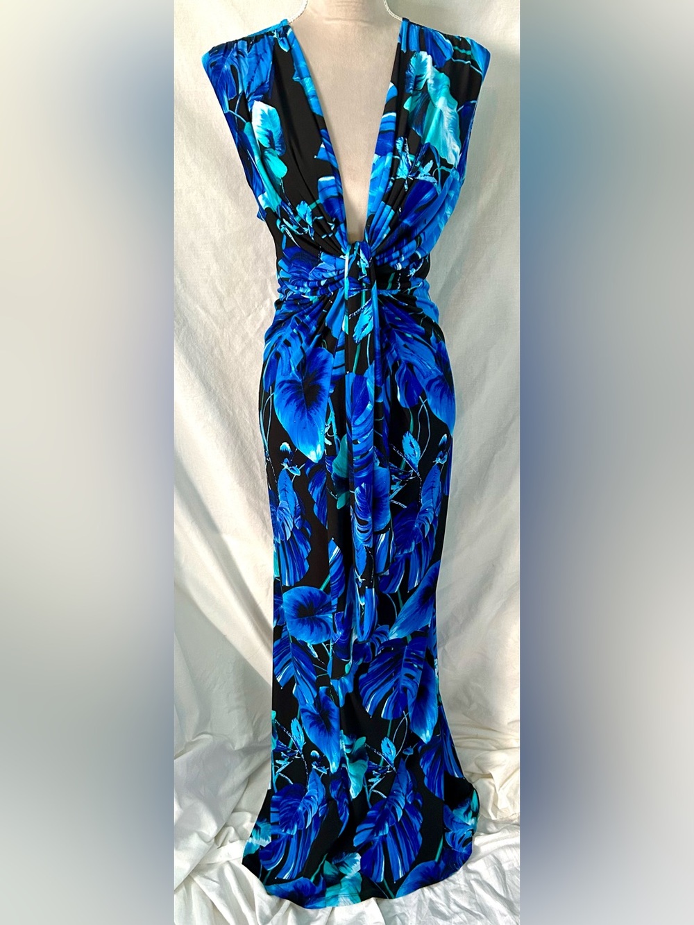 VENUS Blue, Aqua, Black Drape Detail Tropical Floral Maxi Dress, Size L